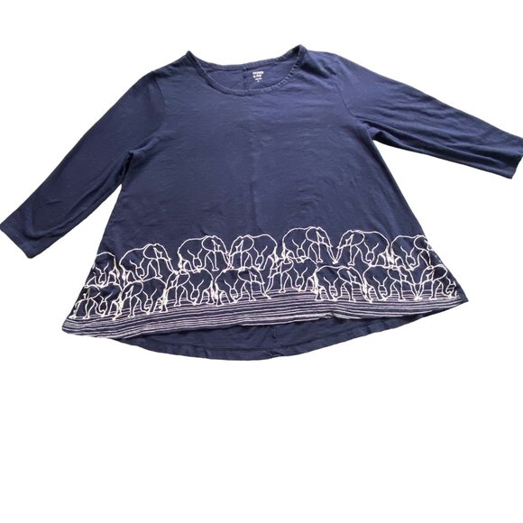 Crown & Ivy Top Women's L Navy Embroidered White Elephants 3/4 Sleeve Causal‎ - Picture 4 of 11